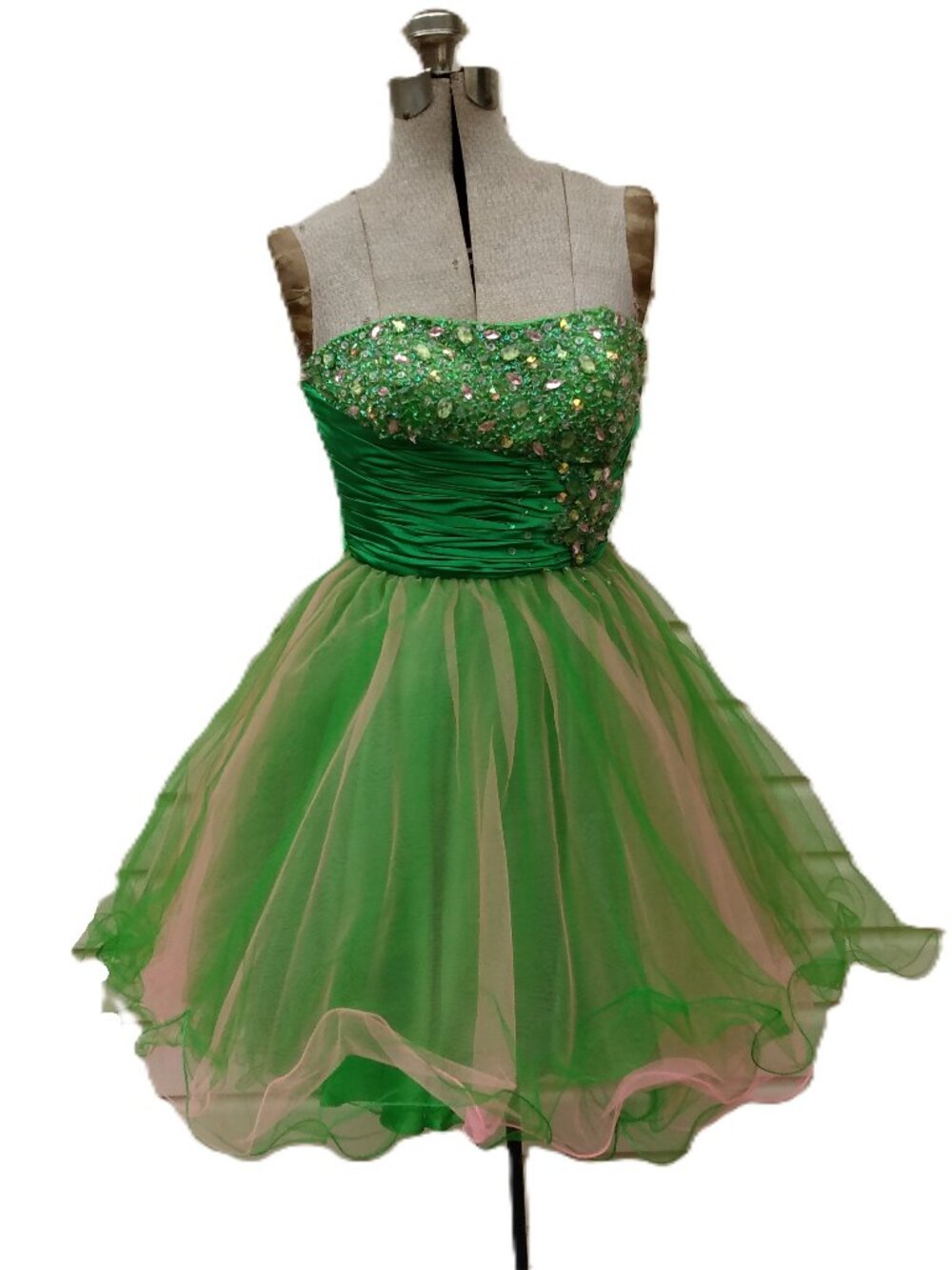 Vintage Strapless Party Dress Lime Green XS Fairycore Poofy Tulle Sequins Satin